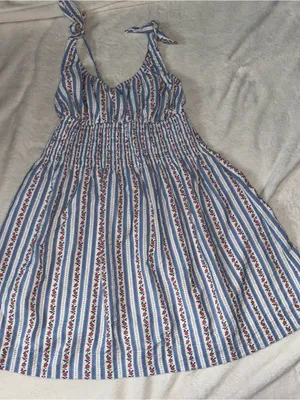 New Kacey Lee Blue & White Striped Floral Tie-Shoulder Dress thumbnail 1