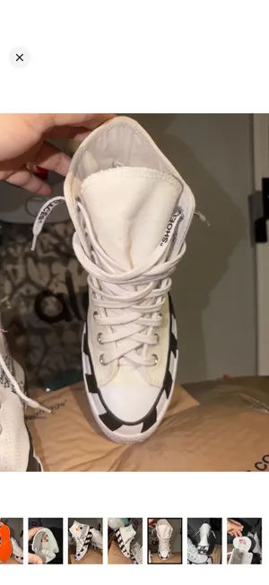 Converse White High-Top Sneakers with Black Checkerboard and Orange Tabs thumbnail 6
