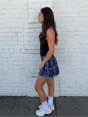 Y2K Blue and purple plaid mini tennis golf athletic skirt with ruffle hem sz M thumbnail 3