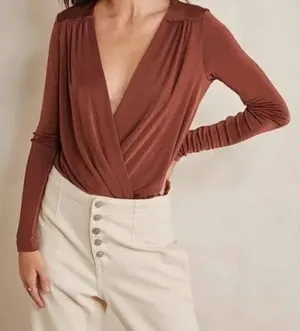 Intimately‎ Free People Rust Orange Deep V Long Sleeve Draped Bodice Bodysuit L thumbnail 1
