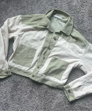 Cropped Two-Tone Sage & Cream Corduroy Shacket thumbnail 1