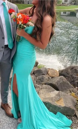 Teal prom dress with train Blue Size M thumbnail 1