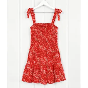 GiGiO Floral Sundress M Orange Smocked Tie Shoulder Ruffle Mini Dress Boho thumbnail 2