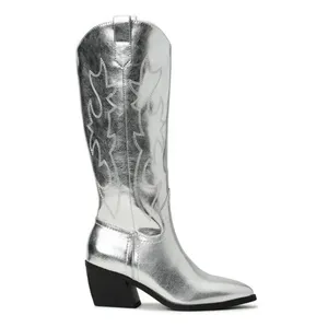 Madden Girl Madden NYC by Steve Madden Metallic Silver Etched Mid Calf Western Boots thumbnail 2