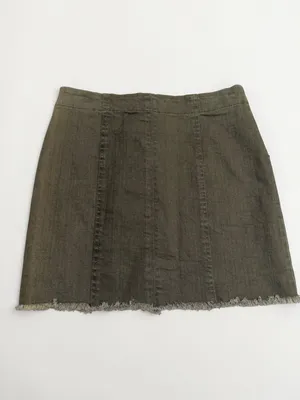 Newbury Kustom Olive Green‎ Button-Front Frayed Hem Denim Mini Skirt - Small thumbnail 2