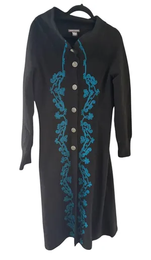 Chelsea & Theodore Black Boiled Wool Teal Embroidered‎ Duster Cardigan Coat L thumbnail 1