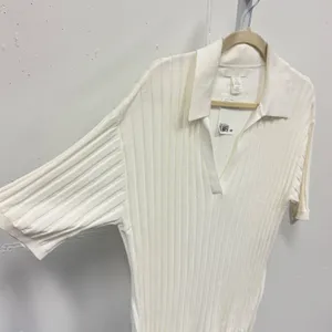 NWY H&M Women's‎ Cream Ribbed Knit Polo Shirt Short Sleeve V-Neck Top Size Small thumbnail 3