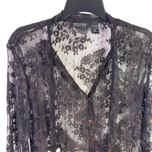 Vintage 90s Y2K New York & Company Black Floral Lace Sheer Button Front Blouse M thumbnail 3