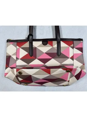 Fossil Sydney Shopper Tote Bag Red Multicolor Geometric Pattern with Key Charm thumbnail 3