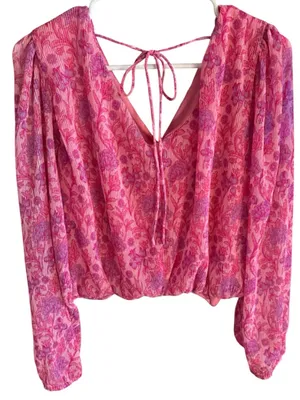 Japna Pink & Purple Floral Wrap Blouse with V-Neck, Tie Back. Boho Romantic thumbnail 4