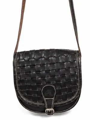 Vintage black leather woven crossbody purse thumbnail 1