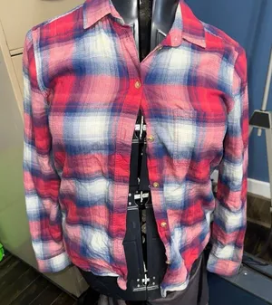 American Eagle red plaid western boyfriend S button down shirt thumbnail 1