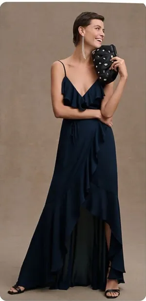 BHLDN Hailee Ruffle-Neck Wrap Georgette Gown Blue Navy Bridesmaids Size 10 NWT thumbnail 1