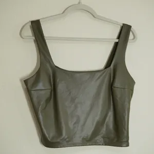 Express Body Contour Faux Leather Square Neck Crop Top Olive Green Large thumbnail 2