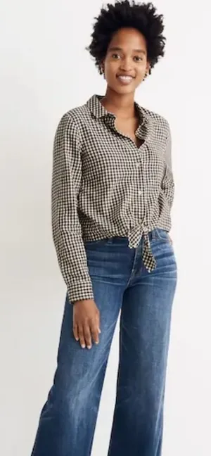 Madewell Brown Gingham Check Button Down Tie Front‎ Cotton Shirt AE769 Womens M thumbnail 1