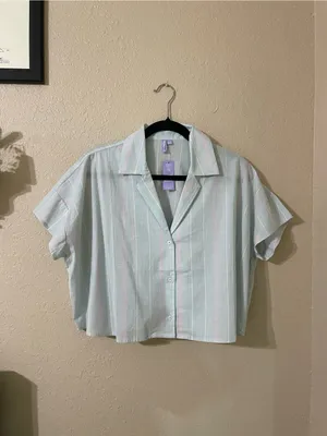 New Florence By Mills Cotton Stripe Short Sleeve Button Top Size Small Seagrass thumbnail 3