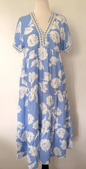 She+Sky Grace Blue Floral Tiered Crochet Trim Boho Prairie Sundress Midi Sz M thumbnail 1