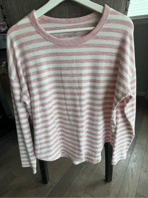 Women’s Time and Tru Pink and White Striped Long Sleeve Top thumbnail 1