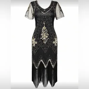 #10 Vintage-Inspired Black Beaded Flapper Dress with Fringe-Large/Size 14 thumbnail 10