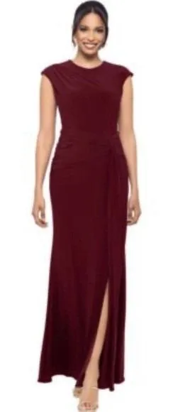 Betsy & Adam Women's Cap Sleeve Gathered Gown Dress Petite Size 2P Bordeaux thumbnail 1