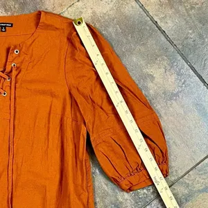 Who What Wear Burnt Orange Linen Blend Lace-Up Neckline Puff Sleeve Dress Small thumbnail 5