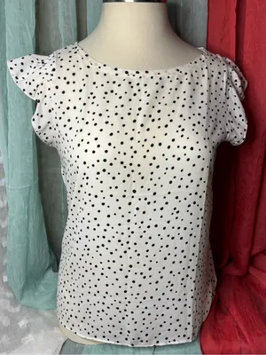 LOFT White Blouse with Black Polka Dots and Flutter Sleeves thumbnail 2