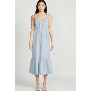 Time and Tru Womens Midi Dress Sz M Blue Ash Stripe Ruffle Strap Tie Back Flowy thumbnail 8