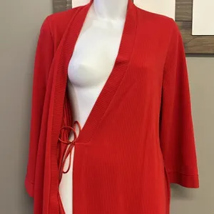 Vintage Vanity Fair Vibrant Red Full-Length Ribbed Wrap V-Neck Robe with Belt-Sm thumbnail 10