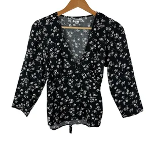 Reformation Black Floral Tie Back Babydoll Blouse Medium Lightweight‎ Feminine thumbnail 1