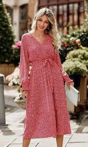 NEW Floral Long Sleeve Wrap V Neck Ruffle Belted A-Line Maxi Dress 2x thumbnail 1