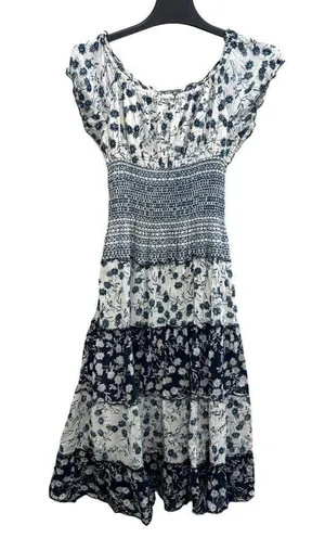 Mixed floral print boho smocked shirred midi maxi patchwork navy white dress thumbnail 8