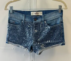 Hollister Sequin Front Raw Hem Denim Shorts Medium Wash Blue W26 Festival Boho thumbnail 1