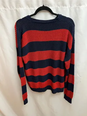 Source Unknown Red Navy Blue Striped Chunky Knit Oversized Sweater Long Sleeve Size L thumbnail 2