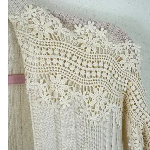Daytrip Womens Cream Ribbed Knit Crochet Lace Trim Open Front Cardigan Medium thumbnail 3