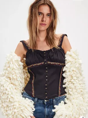 Free People Wilder Knit Top Size M NWT Boho Whimsigoth Black Embroidered Trim thumbnail 1