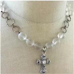 Sterling silver 925 Cross Pendant Frosted Glass Bead Necklace thumbnail 3