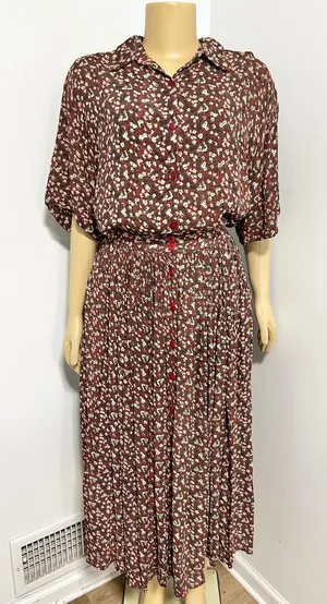 VINTAGE Jane Ashley Burgundy Floral Two Piece Shirt and Pleated Midi Skirt ML thumbnail 1
