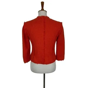 Jacqueline Riu‎ Red Boucle Double Breasted Jacket Blazer Frayed Trim Button 36 thumbnail 4