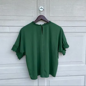 Ann Taylor Womens Shirt Green Knit Blouse Eyelet Lace Trim Short Sleeve Large thumbnail 3