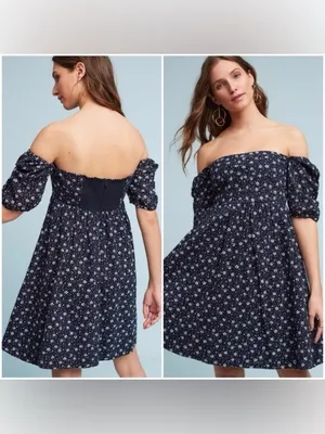 Anthropologie Maeve Lillianne Navy Eyelet Floral Babydoll Dress Women's size‎ 0 thumbnail 2