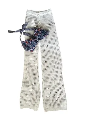Boutique Full Length Crochet White Beach Swim Cover Pant Sz S Drawstring Knit thumbnail 4