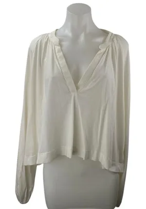 Anthropologie Maeve Women's White V-neck Long Puff Sleeve Crop Blouse Top Size L thumbnail 1