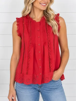 Boutique pink eyelet ruffled trim button front blouse small thumbnail 1