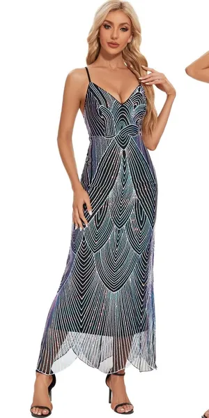 NWT‎ AlexQueen Blue Purple Sequin V Neck Maxi Prom Dress Backless Large thumbnail 1