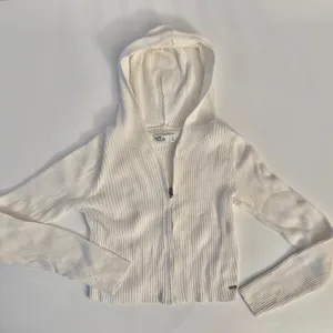 Hollister White Crop Ribbed Zip Up Sweater Hoodie thumbnail 1