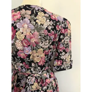 Miss Dorby Vintage 90s Floral Midi Dress L Black Purple Button‎ Front USA Made thumbnail 16