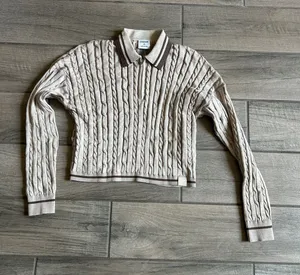 Gymshark Cropped Cable-Knit Polo Sweater in Light Beige with Brown Trim thumbnail 1