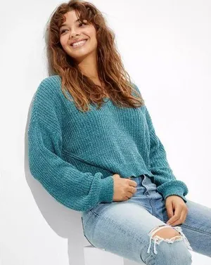 American Eagle Chenille Oversized Chunky V-Neck Sweater Teal Size M thumbnail 1