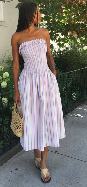 ABERCROMBIE & FITCH Sydney Smocked Strapless Midi Dress Purple Stripe Size XXS thumbnail 1