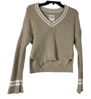 Abercrombie Fitch Tipped Ribbed V Neck Sweater Light Brown XXS Striped Collar‎ thumbnail 1